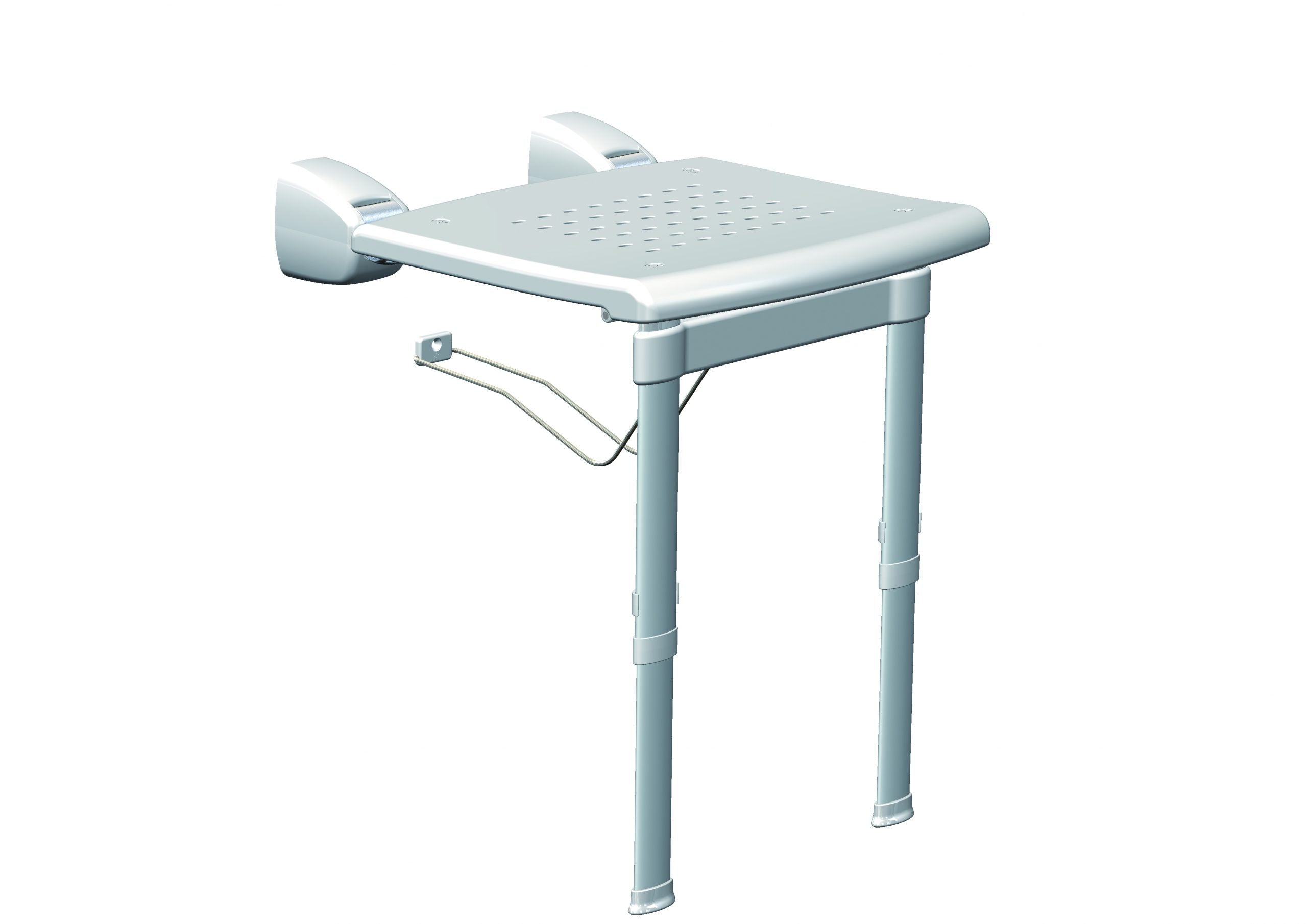 A wall-mounted seat lift-up with telescopic legs designed for showering assistance, made of technopolymers and aluminium.