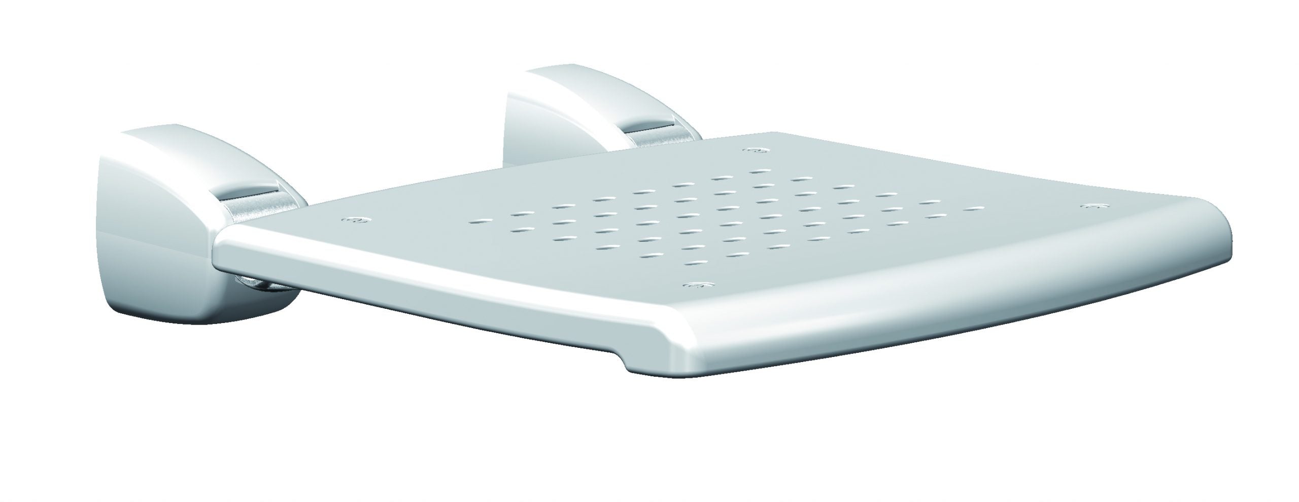 Wall-mounted seat lift-up designed for bathroom use, featuring a white, solid-color seat with non-slip finish and metallic supports.