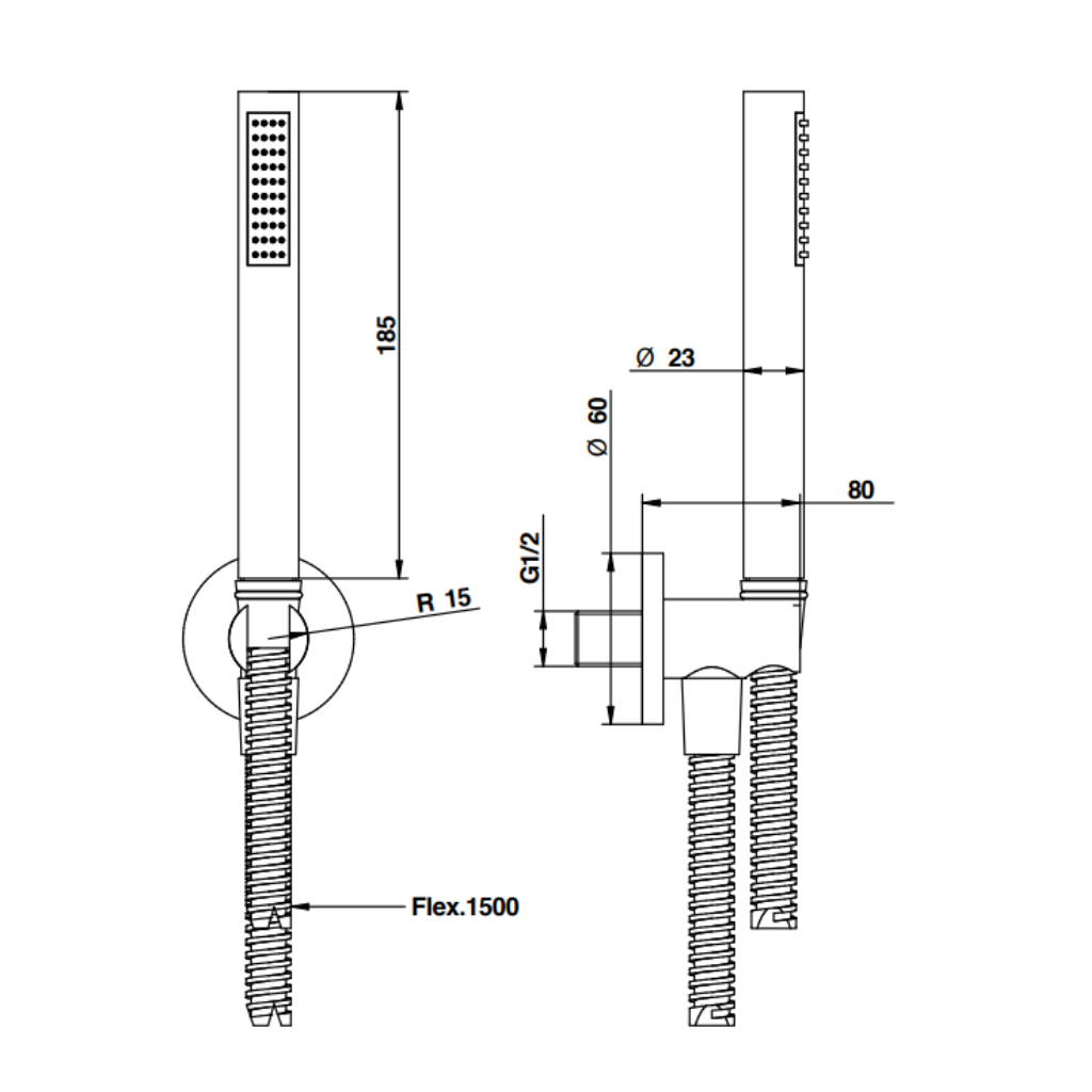 The techinical drawing of hand shower duplex ABS spout dimensions 1500mm of best sanotary fittings in Pakistan