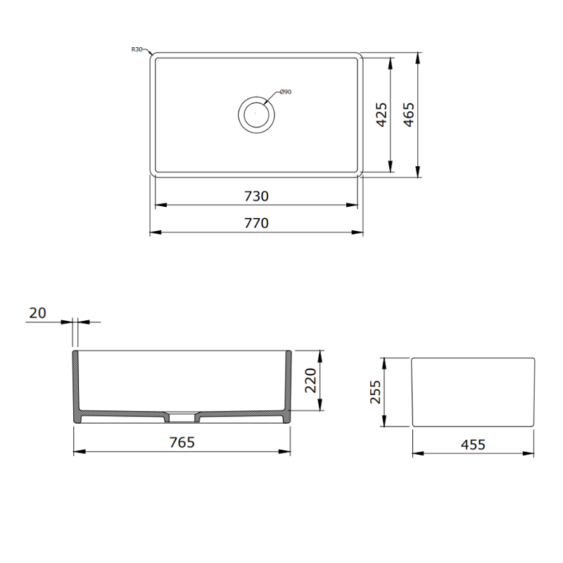 Bocchi Lavello Fireclay kitchen sink dimensions 255x455mm — narrow prep sink Pakistan, Sardar & Co