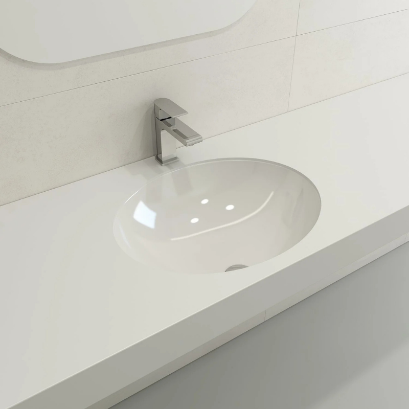 Bocchi Parma undercounter washbasin installed in stone counter Pakistan — seamless undermount, Sardar & Co