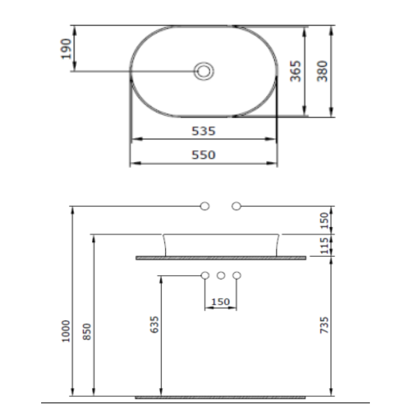 Bocchi Sottile countertop basin technical dimensions 549x379x115mm — slim vessel basin Pakistan, Sardar & Co