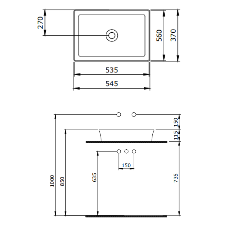 Bocchi Sottile Rect rectangular washbasin technical dimensions 548x372x115mm — Sardar & Co Pakistan