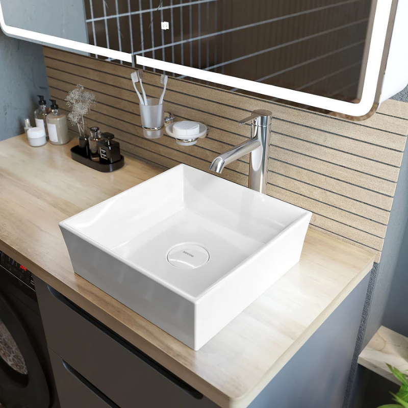 Bocchi Vessel Square vessel washbasin installed on counter Pakistan — 380mm square bowl basin, Sardar & Co Rawalpindi