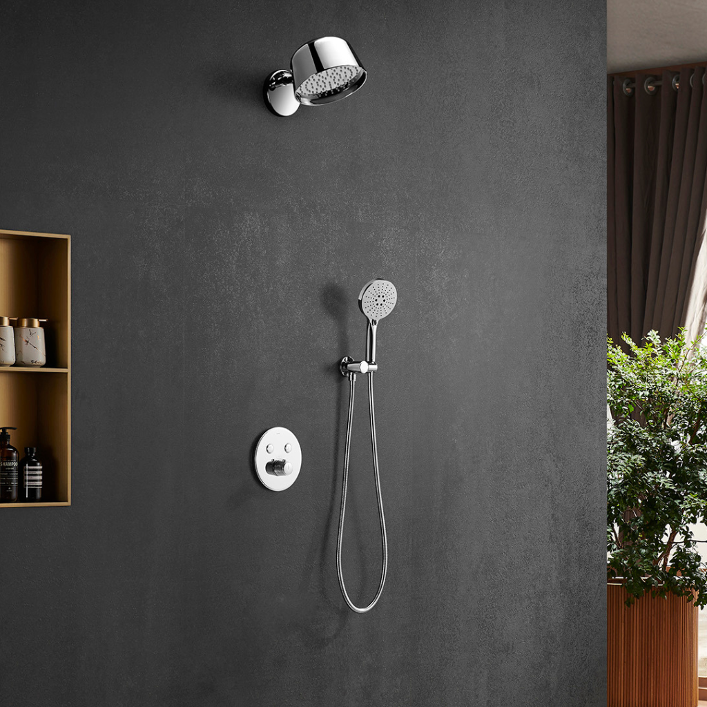 Concealed Thermostatic Shower installed in modern bathroom Pakistan — wall mounted shower system by OMSA Rubinetterie available at Sardar & Co