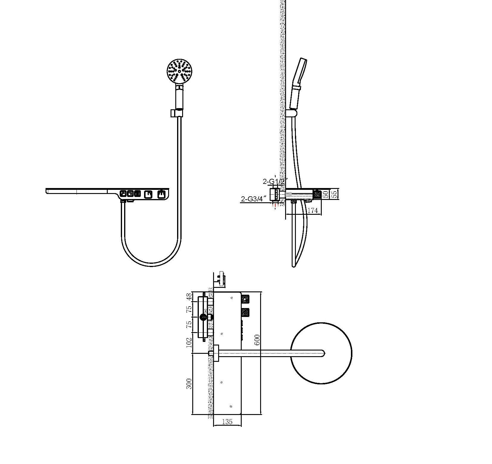 Technical drawing and dimensions of AuraTherm Pro concealed thermostatic shower mixer HB8655 — OMSA Rubinetterie