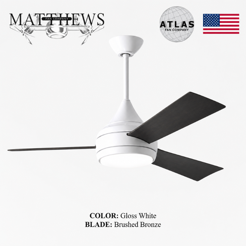Mattews Donaire coastal ceiling fan Gloss White with Brushed Bronze blades — 316 marine-grade, all-weather wooden blades, Pakistan