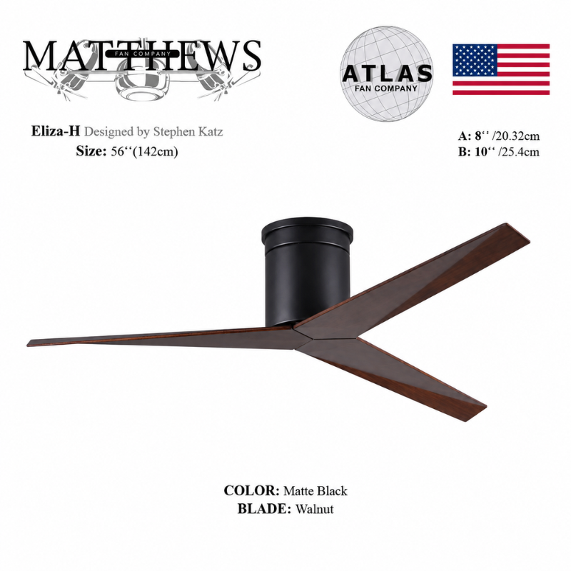 Mattews Eliza-H matte black ceiling fan with Walnut blades — architect-designed DC fan Pakistan