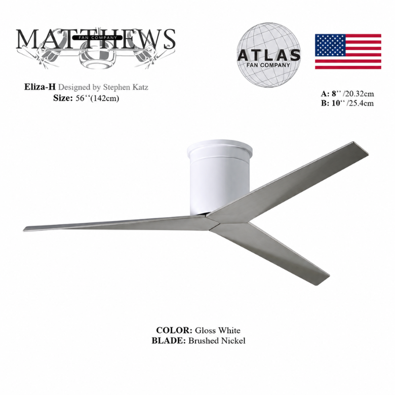 Mattews Eliza-H white ceiling fan Brushed Nickel blades — Stephen Katz designed, Sardar & Co Rawalpindi Pakistan