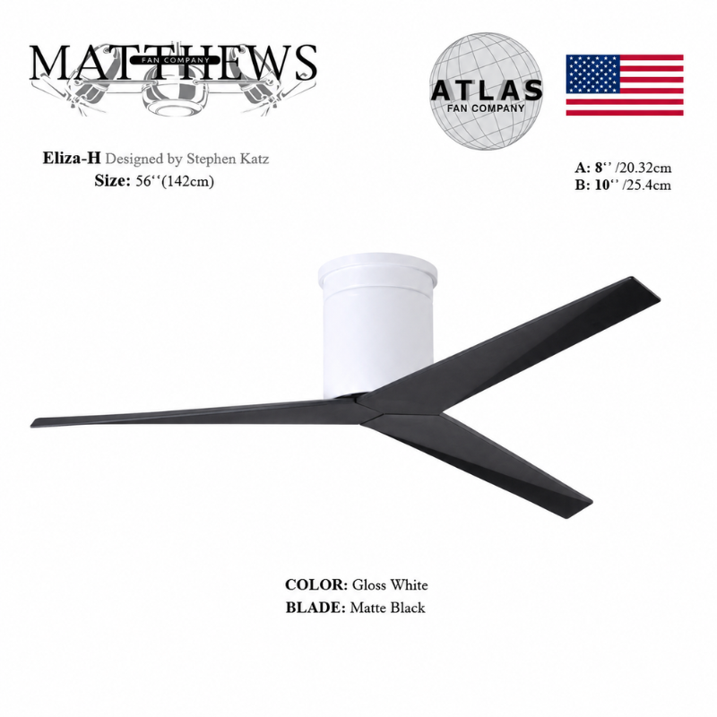 Mattews Eliza-H white ceiling fan with Matte Black blades — 56 inch sculpted blade fan Pakistan, Sardar & Co