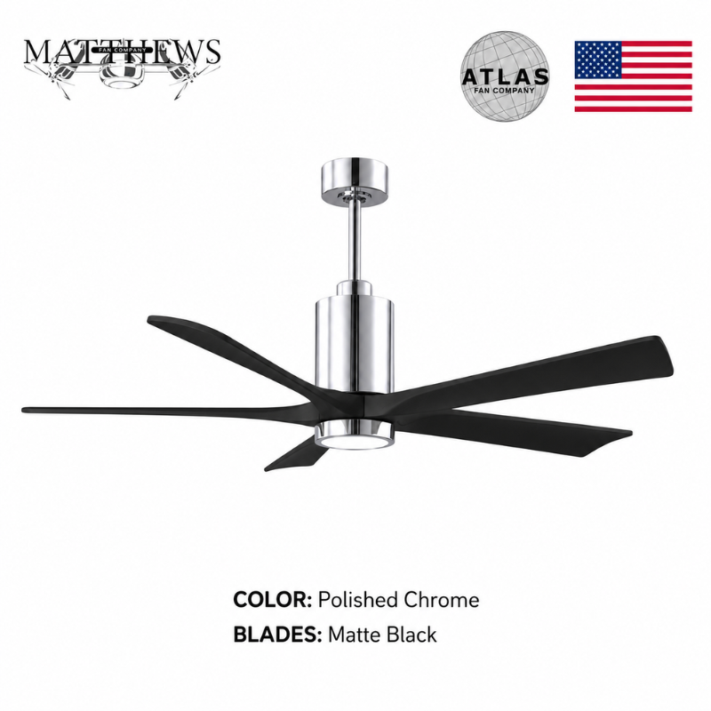 Mattews Patrícia-5 luxury ceiling fan Polished Chrome motor Matte Black — exclusive finish Pakistan, Sardar & Co