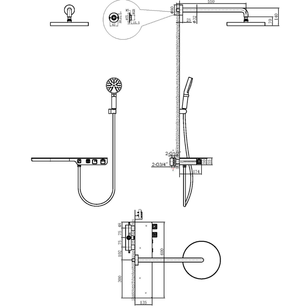 Technical installation dimensions for OMSA HL8476 concealed thermostatic shower — rough-in depth, trim plate dimensions, Sardar & Co Pakistan