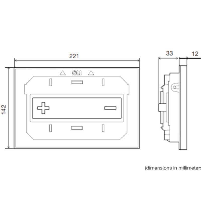 Technical dimension drawing of a wall-mounted electrical outlet or switch panel, showing front and side views with measurements in millimeters.