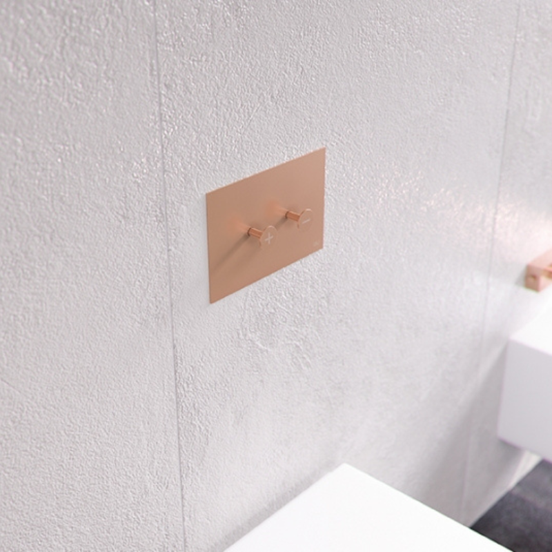OLI Trumpet designer flush plate installed on concealed toilet wall Pakistan — OLI exclusive Sardar & Co Rawalpindi