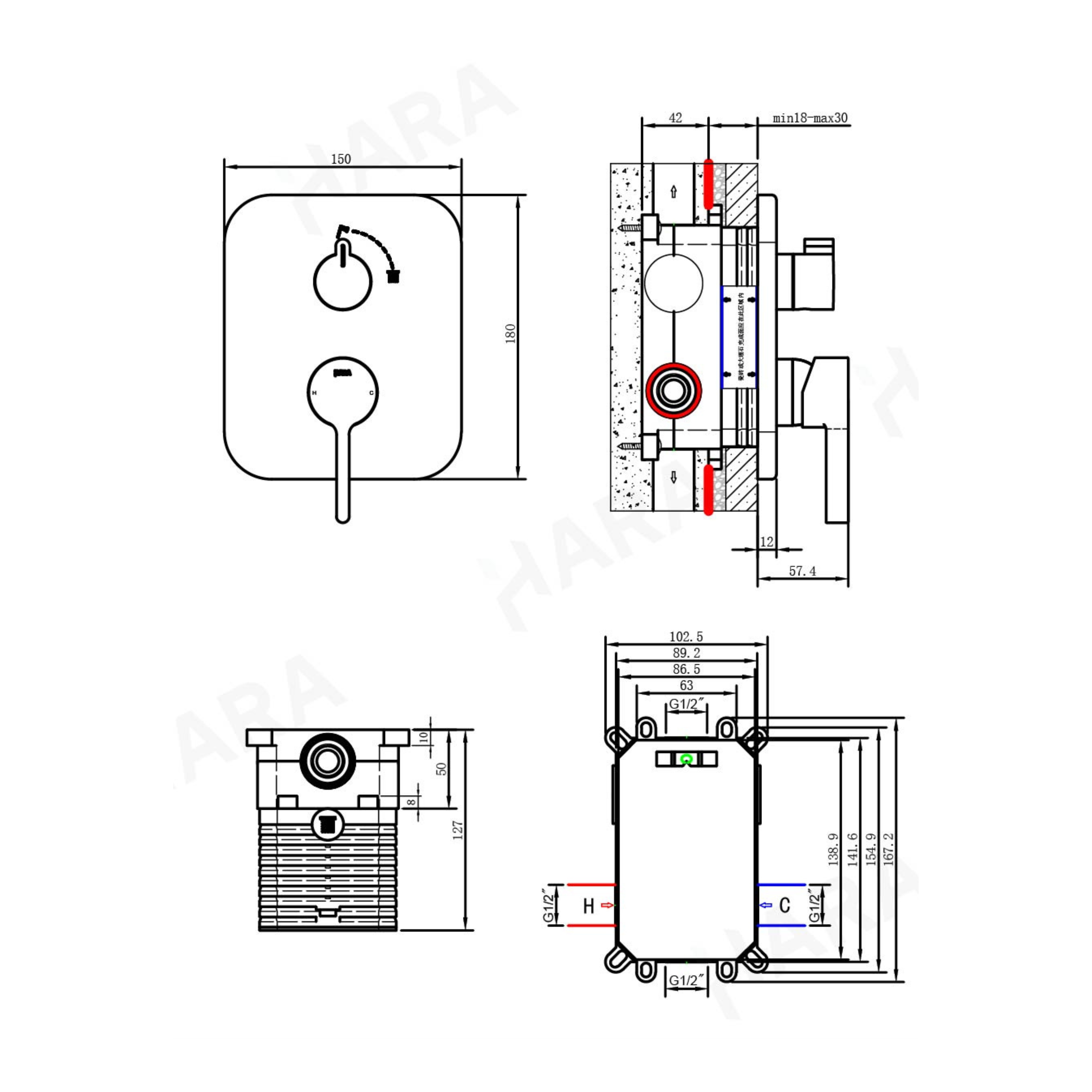 Technical installation dimensions for OMSA concealed thermostatic shower system — rough-in depth, trim plate, Sardar & Co Pakistan