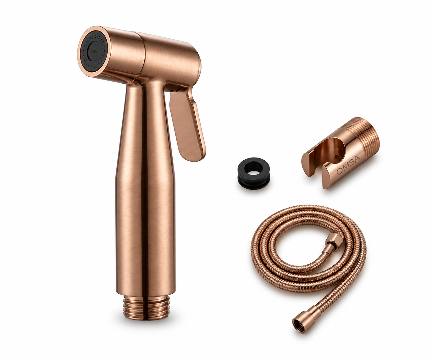 OMSA F3212 muslim shower Brushed Rose Gold PVD satin — shattaf set with hose and holder, Sardar & Co Pakistan