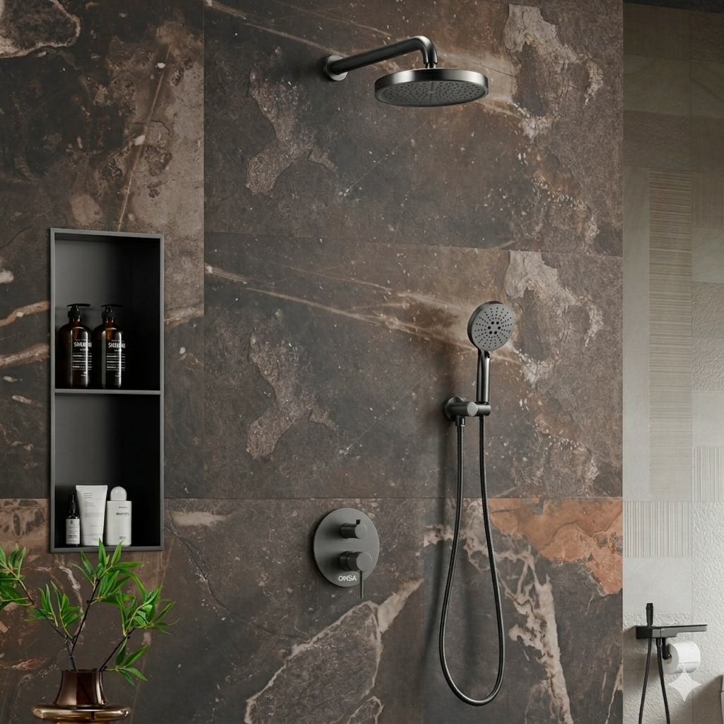 OMSA FB8256 concealed shower mixer tap installed in luxury bathroom Pakistan — Sardar & Co Rawalpindi