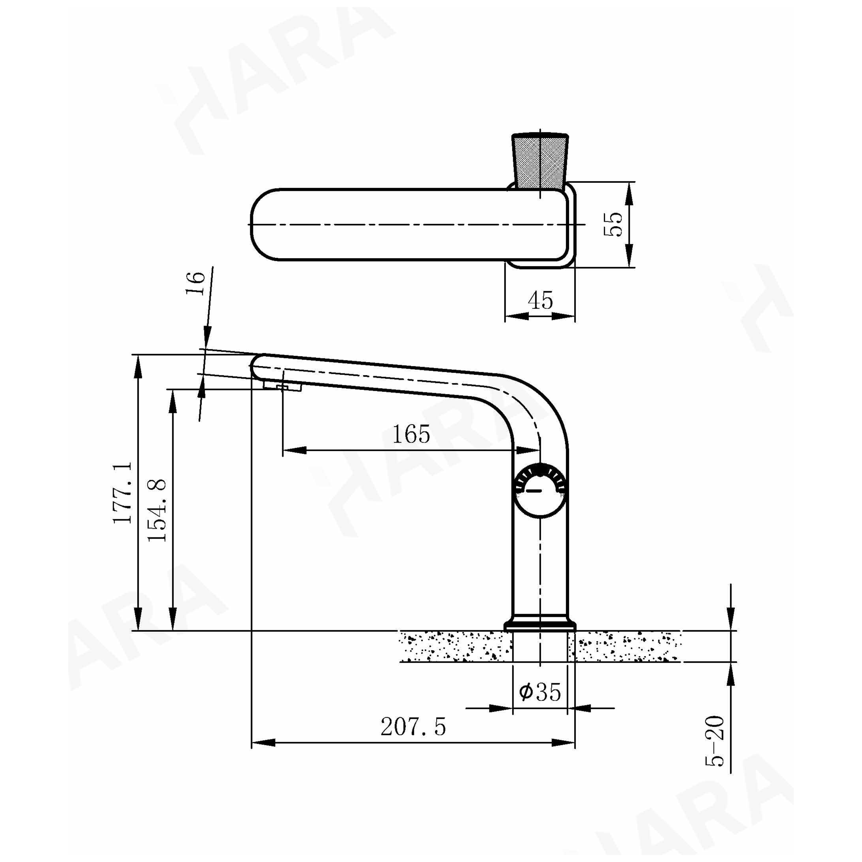 Technical installation dimensions for OMSA FL7640 deck mount faucet — spout height, deck clearance, connection spec, Sardar & Co Pakistan