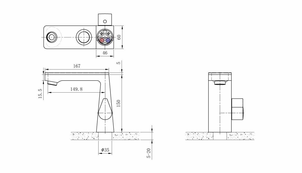 Technical installation dimensions for OMSA FL7750 luxury tap — spout height, deck clearance, connection spec, Sardar & Co Pakistan