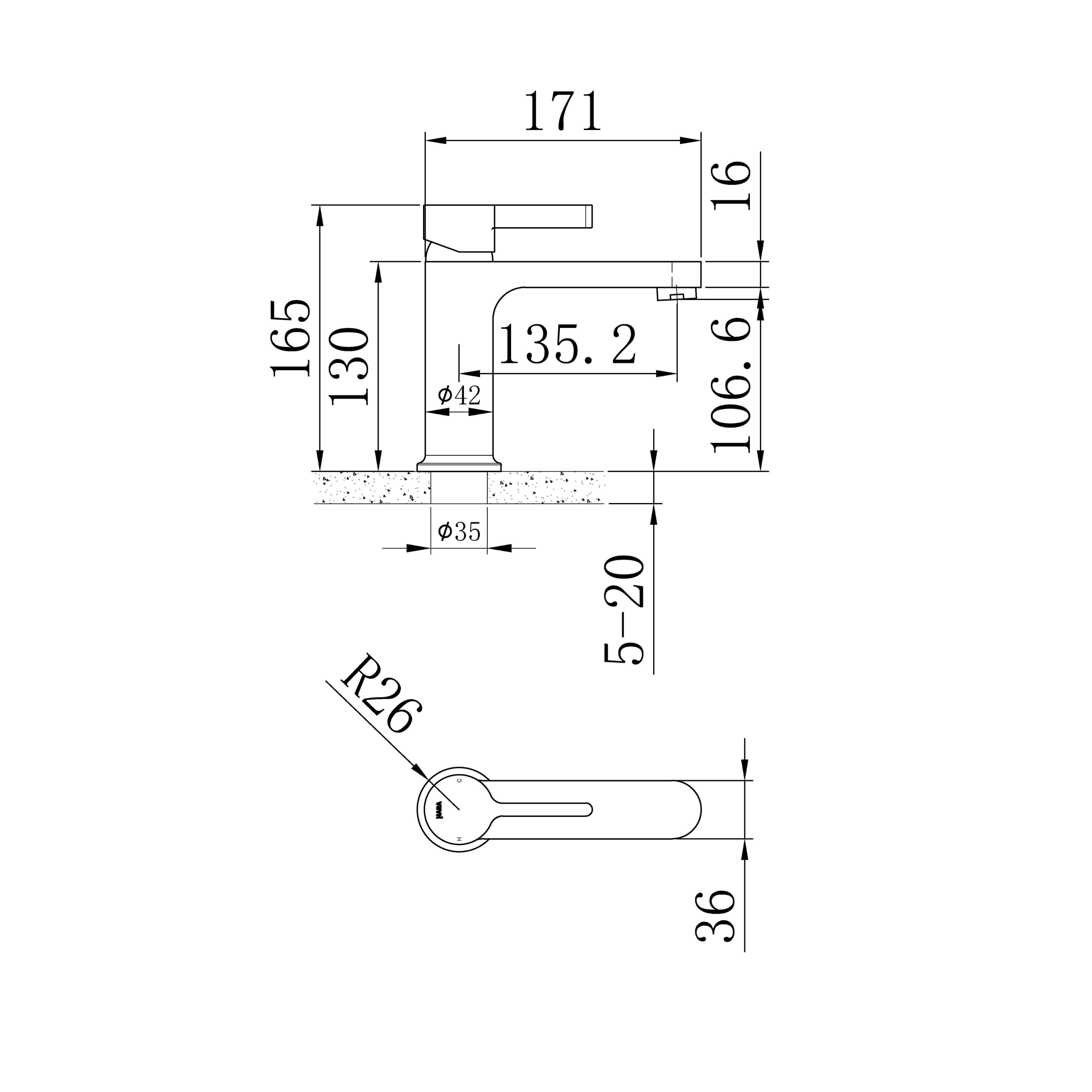 Technical installation dimensions for OMSA FL8110 small basin mixer — compact spout height, deck clearance, Sardar & Co Pakistan