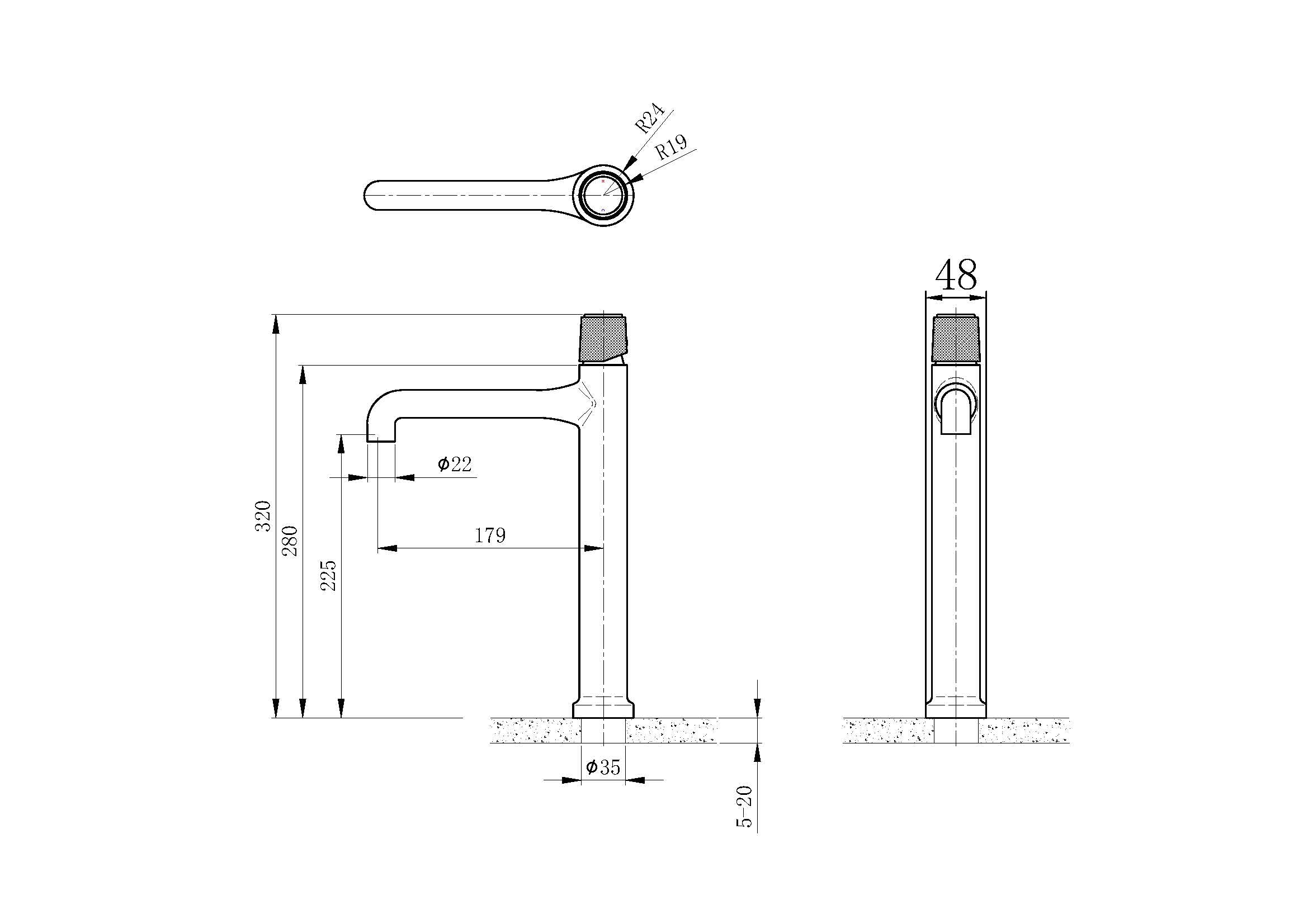 Technical drawing of gold wash basin tap Pakistan FL8260A by OMSA Rubinetterie — Sardar & Co