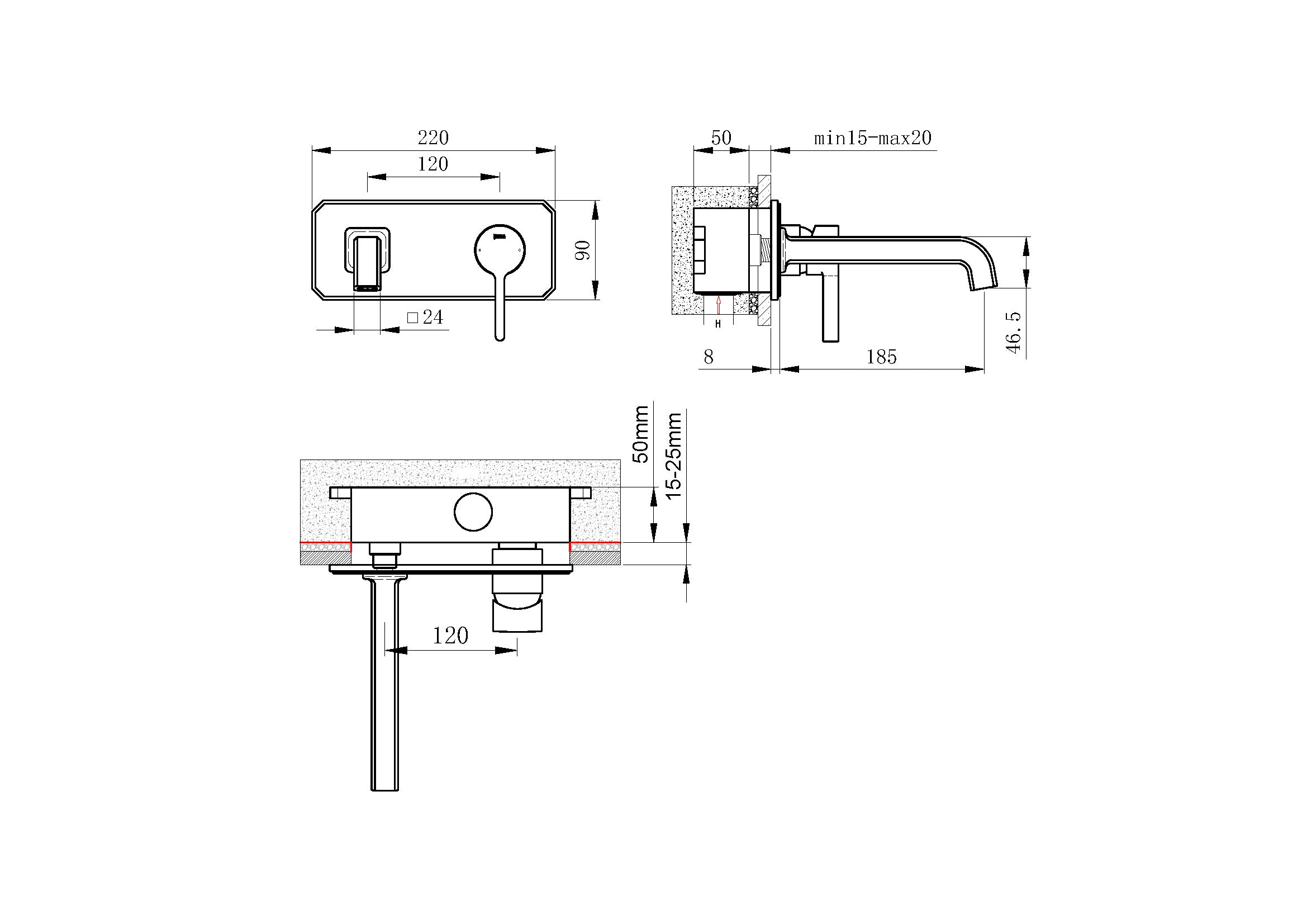 Technical installation dimensions for OMSA FL8350 luxury concealed faucet — spout height, wall supply centres, Sardar & Co Pakistan