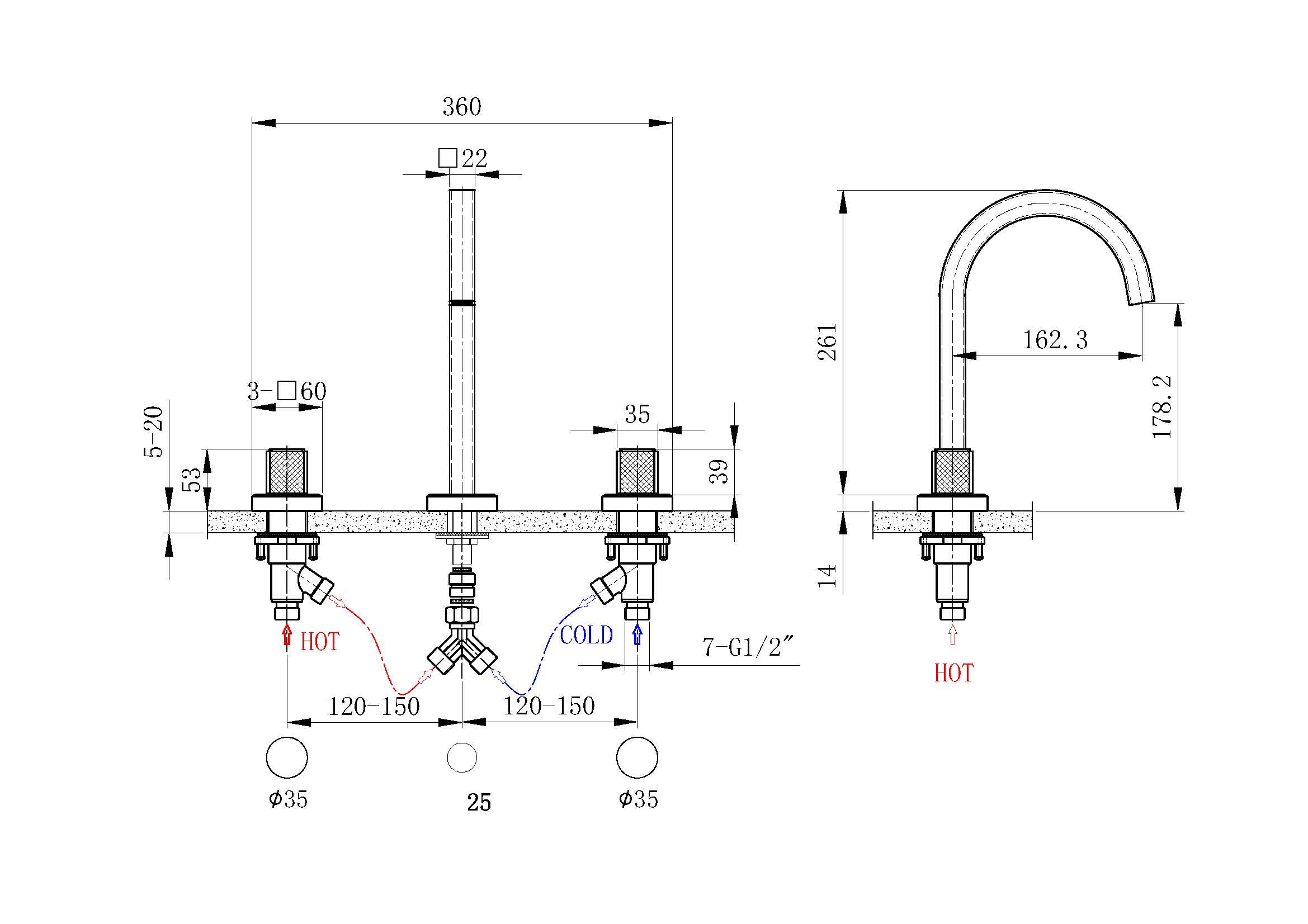 Technical installation diagram for OMSA FL8530 three-hole deck-mounted basin mixer — 150mm centre spacing, deck-mount dimensions, Sardar & Co Pakistan