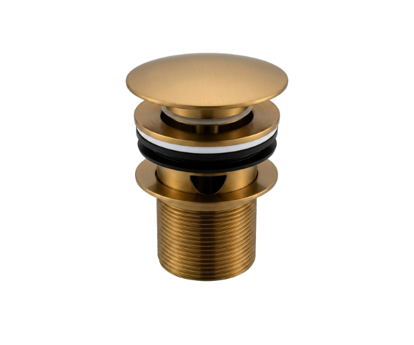 OMSA FM7720 push-type basin waste Brushed Champagne Gold PVD satin — premium drain fitting, Sardar & Co Pakistan