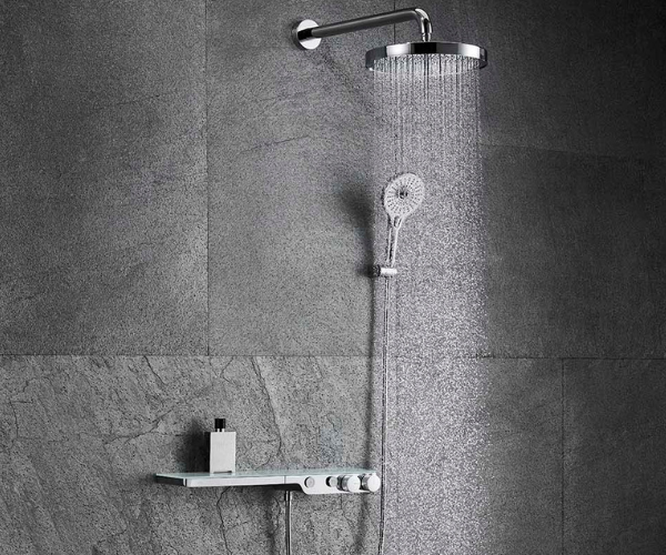 OMSA HB7645X rain shower system installed in luxury bathroom Pakistan — exposed concealed thermostatic, Sardar & Co Rawalpindi
