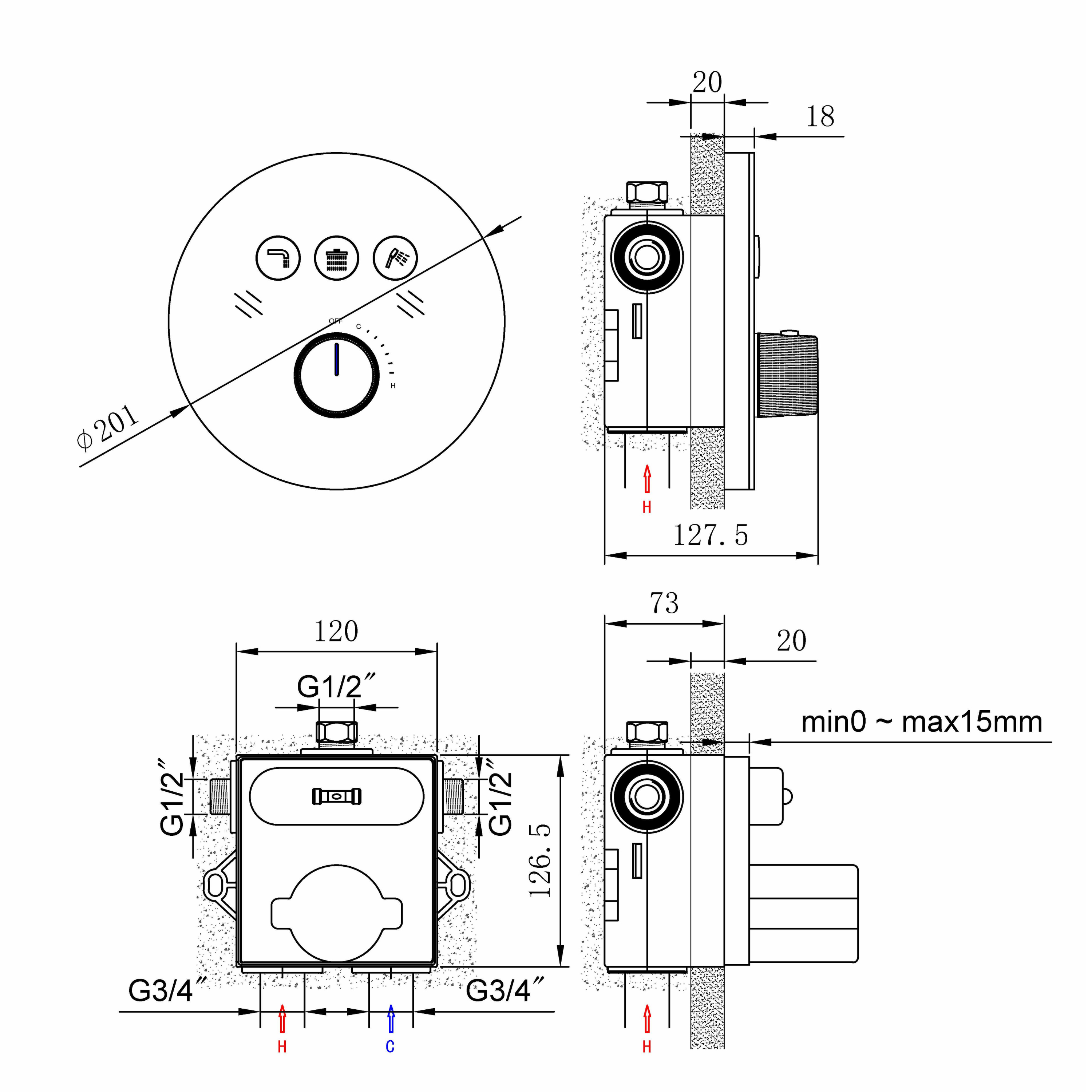 Technical installation dimensions for OMSA HL8477 3-way concealed thermostatic shower valve — outlet positions, rough-in depth, Sardar & Co Pakistan