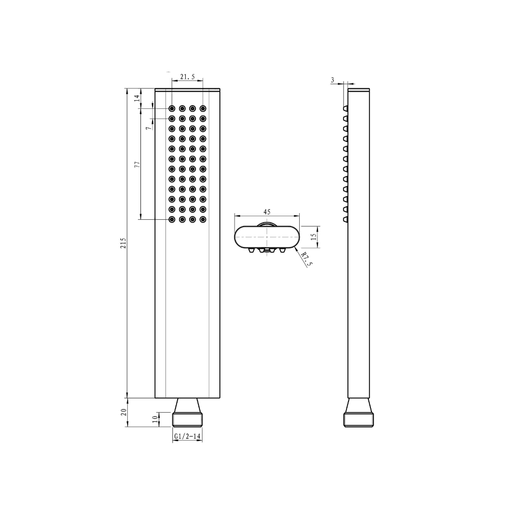 Technical dimensions for OMSA HR168 handheld shower — handset length, spray face diameter, connection spec, Sardar & Co Pakistan