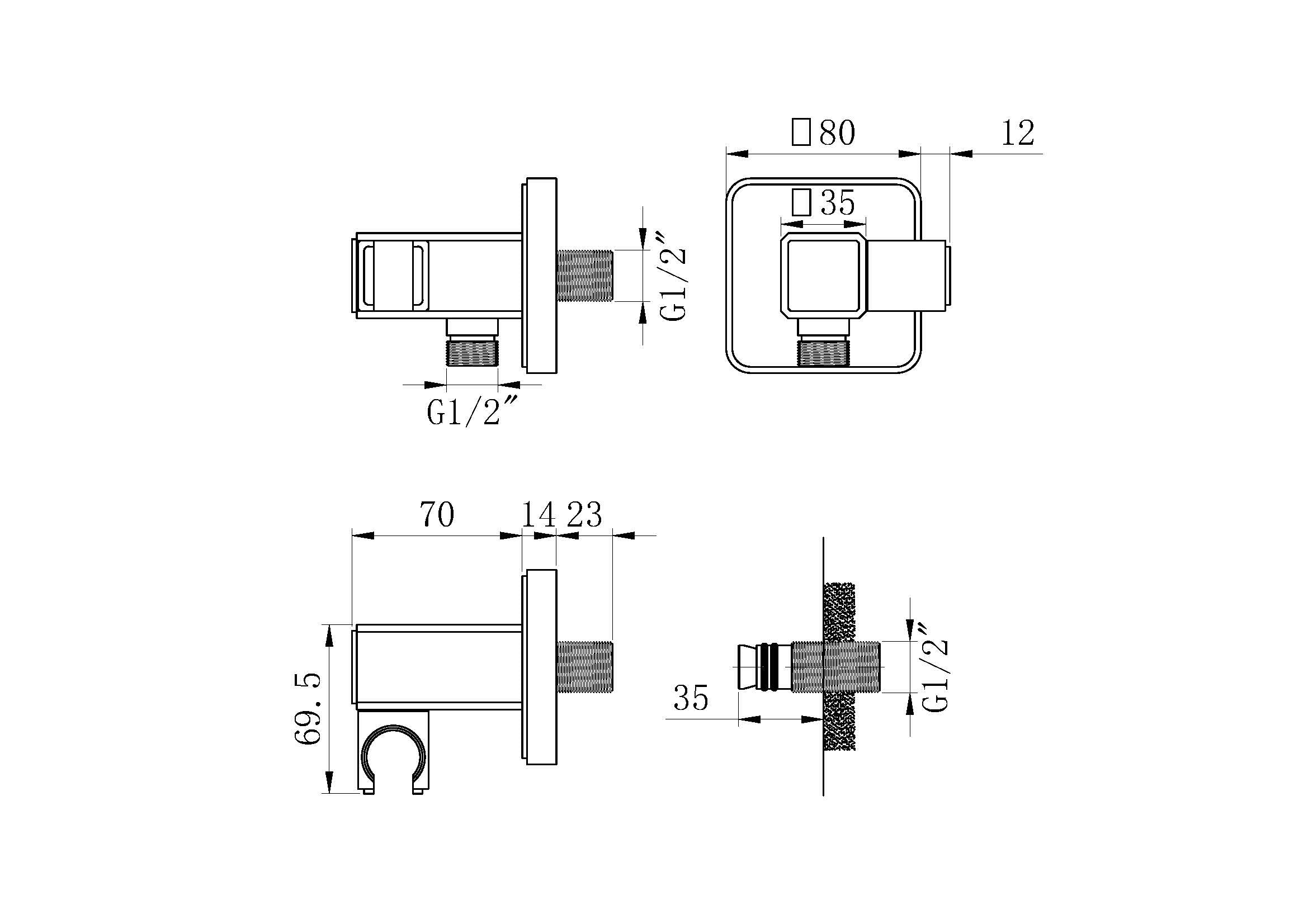 Technical dimensions for OMSA HRP360 shower elbow — connection size, swivel range, body profile, Sardar & Co Pakistan