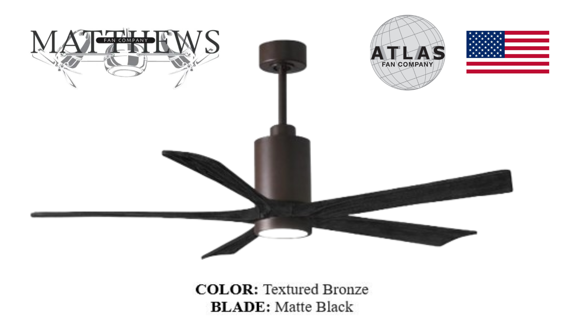 Textured bronze ceiling fan PATRICIA-5 by Matthews USA with matte black blades – premium ceiling fan in Pakistan