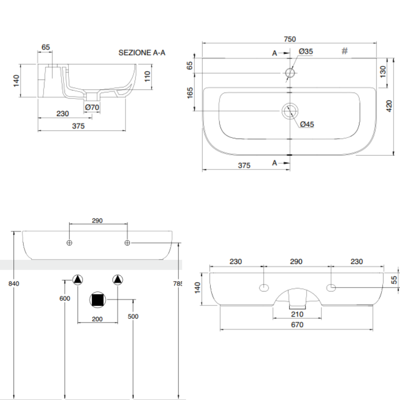 Scarabeo Glam thin edge washbasin dimensions 750x420mm — EMO Design Pakistan, Sardar & Co