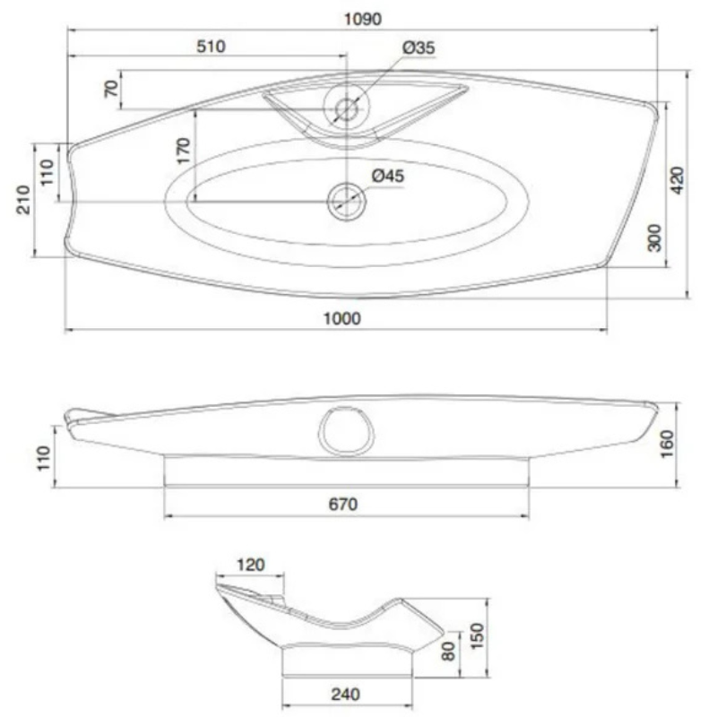 Scarabeo Kong 110R lay-on washbasin dimensions 1090x420mm — widest Scarabeo Pakistan, Sardar & Co