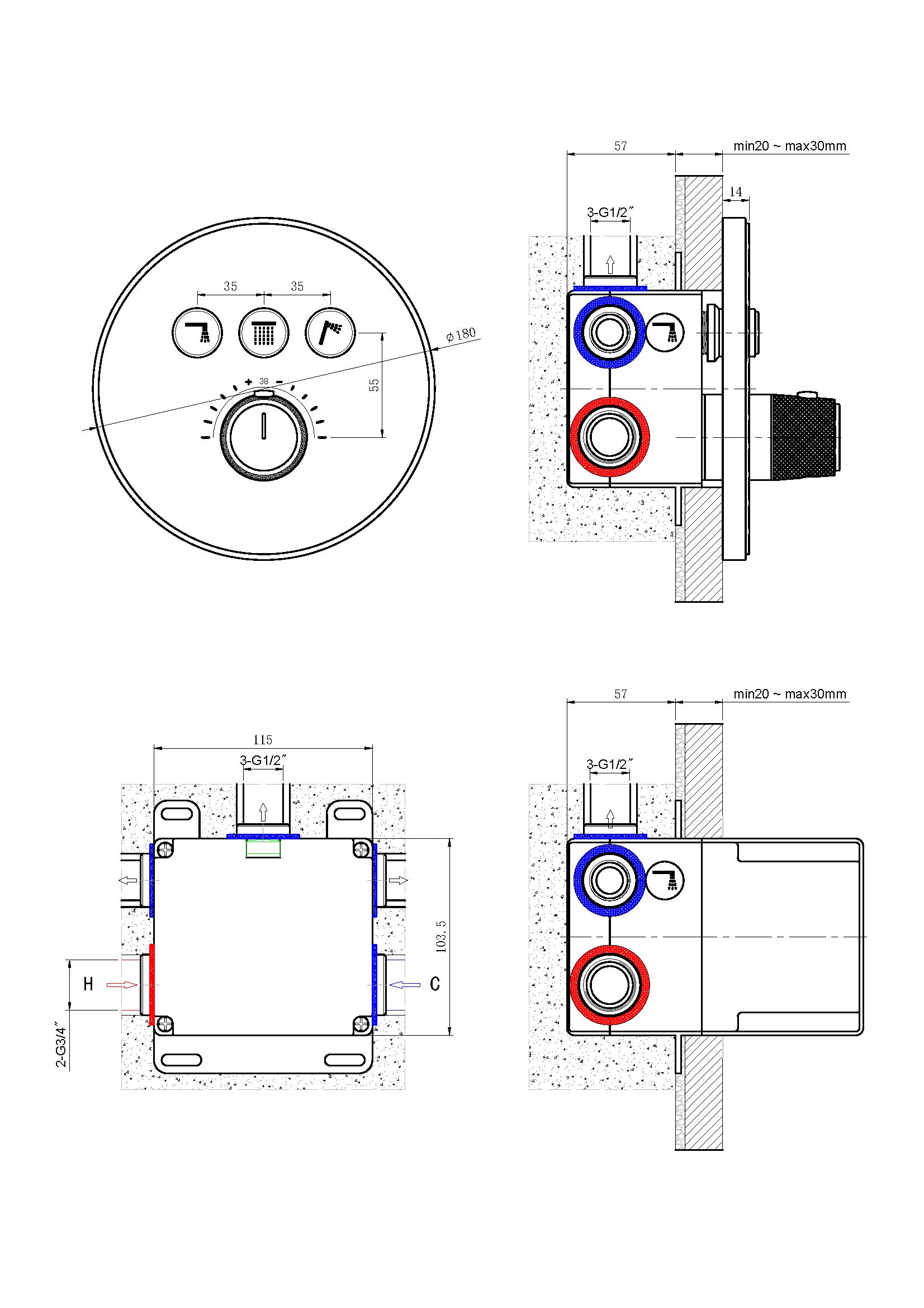 Thermostatic Shower Mixer Pakistan HL8476 technical drawing and dimensions — OMSA Rubinetterie Sardar & Co