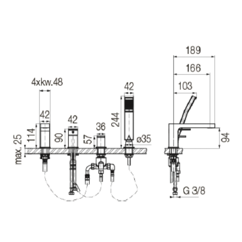 Technical dimensions for Valvex ARS 4-hole bath mixer with accessories, Sardar & Co Pakistan
