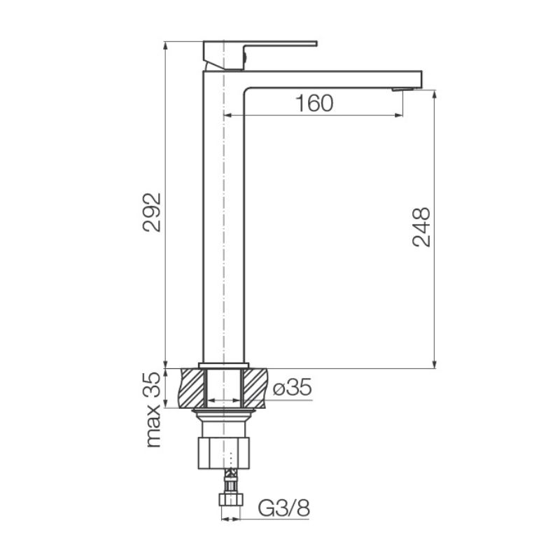 Technical dimensions for Valvex ARS high standing basin faucet, Sardar & Co Pakistan