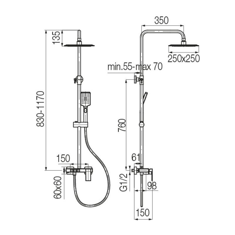 Technical dimensions for Valvex ARS 3-function shower column, Sardar & Co Pakistan