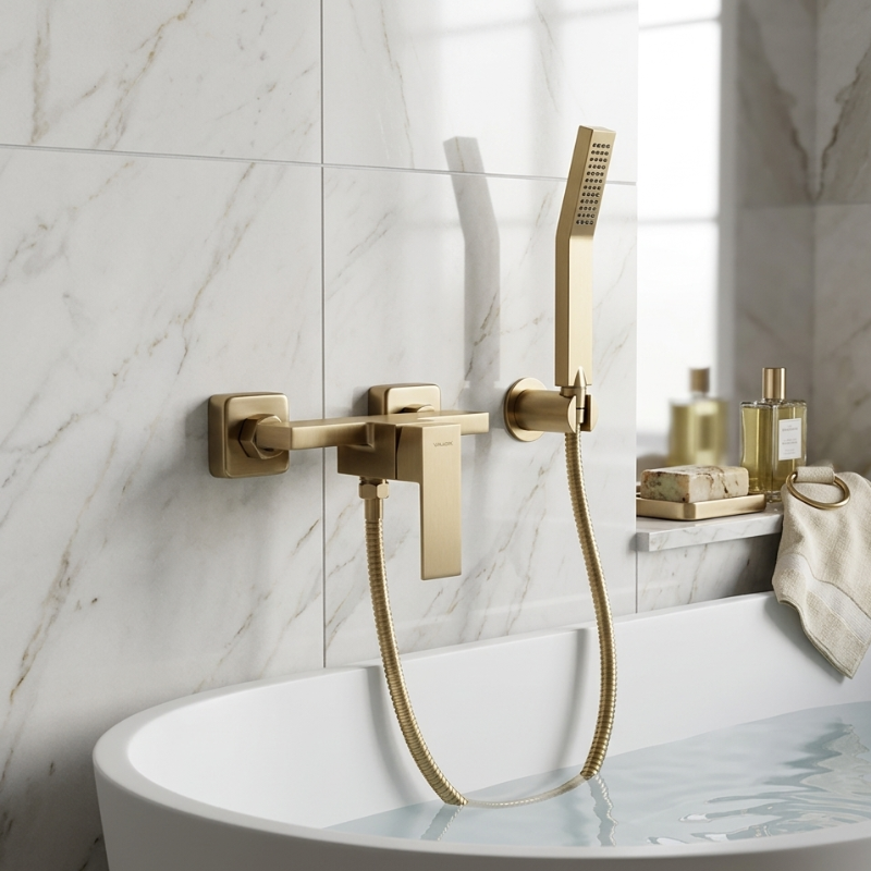 Valvex ARS shower faucet set on a marble wall with a bathtub in the background