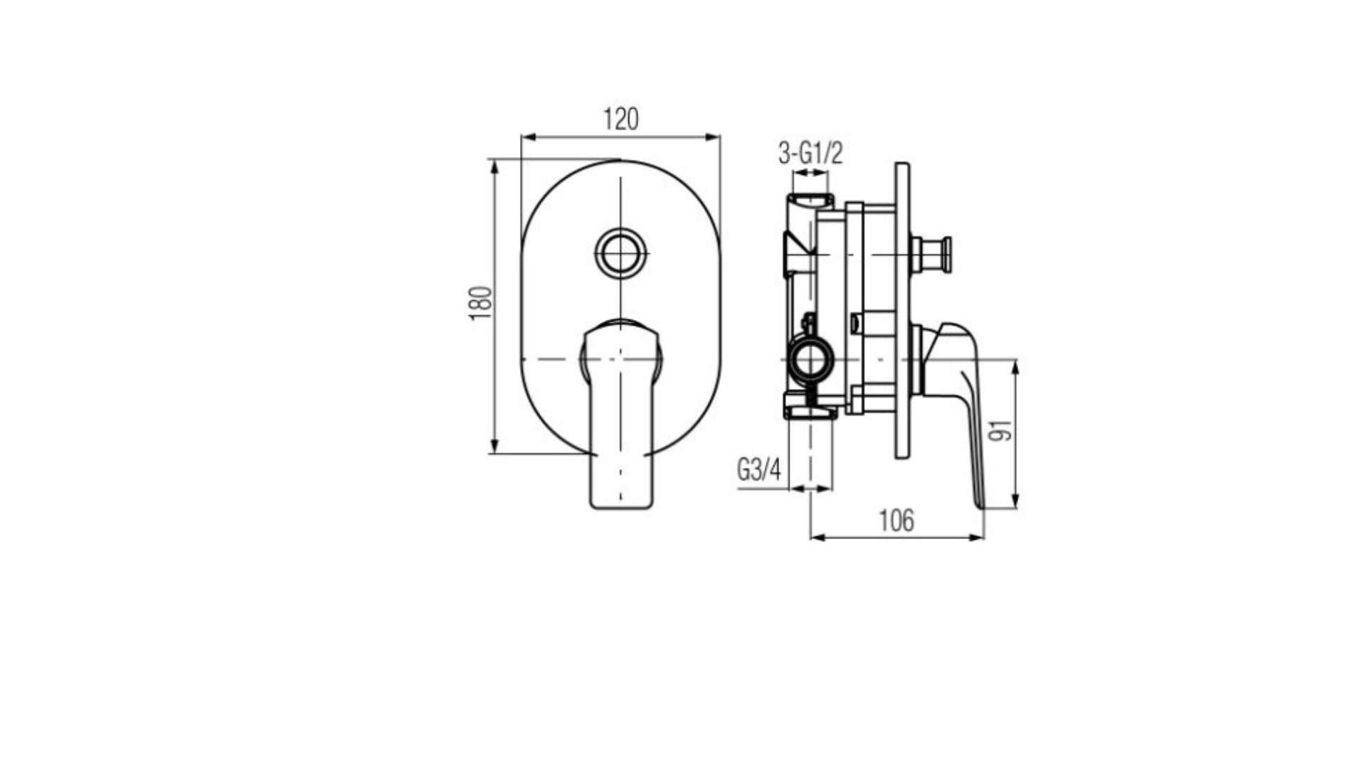 Technical dimensions for Valvex Aurora concealed bath and shower mixer, Sardar & Co Pakistan