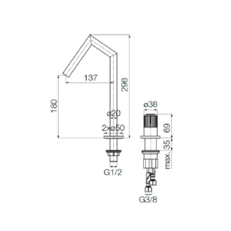 Technical dimensions for Valvex AVOLA 2-hole basin mixer — mixer height, spout reach, hole centres, Sardar & Co Pakistan