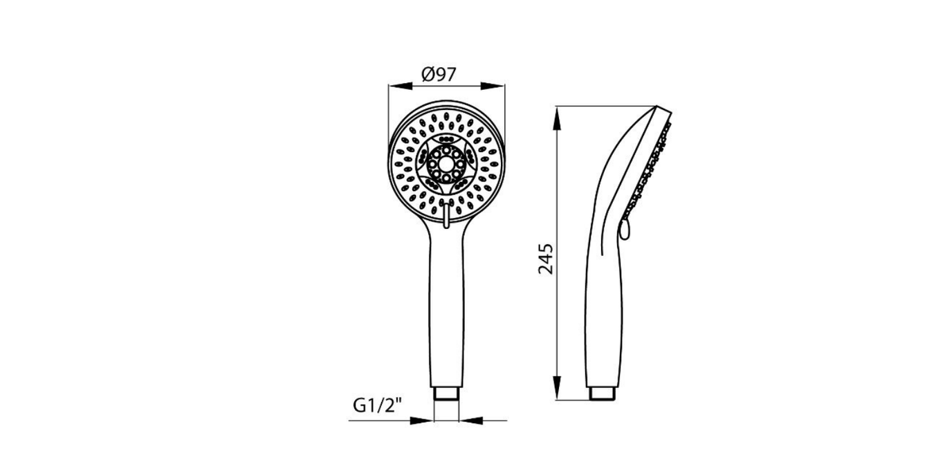 Technical dimensions for Valvex Cozy 5-function handheld shower head, Sardar & Co Pakistan