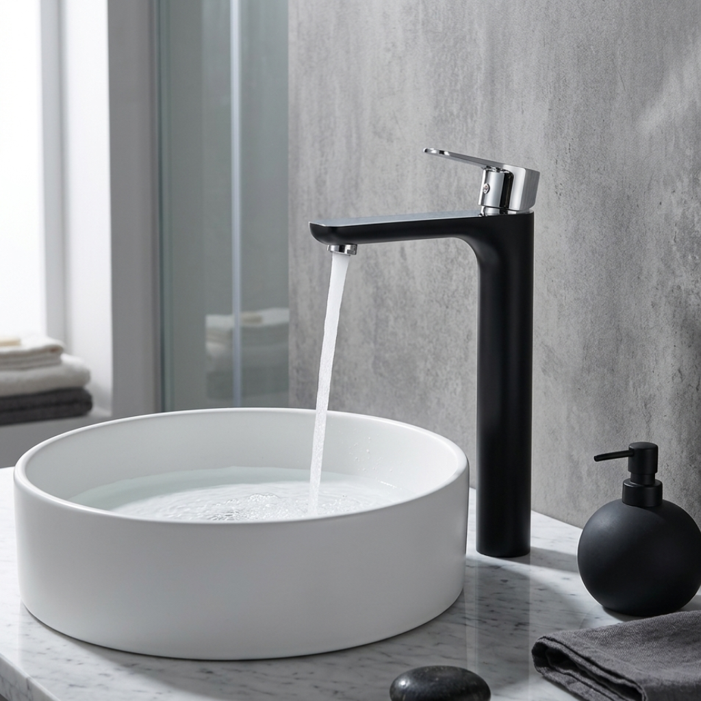 Valvex DALI high basin mixer installed on vessel basin — luxury bathroom fitting, Sardar & Co Rawalpindi