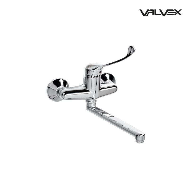 Valvex elbow-operated wall-mounted washbasin tap with long spout, Chrome, Sardar & Co Pakistan
