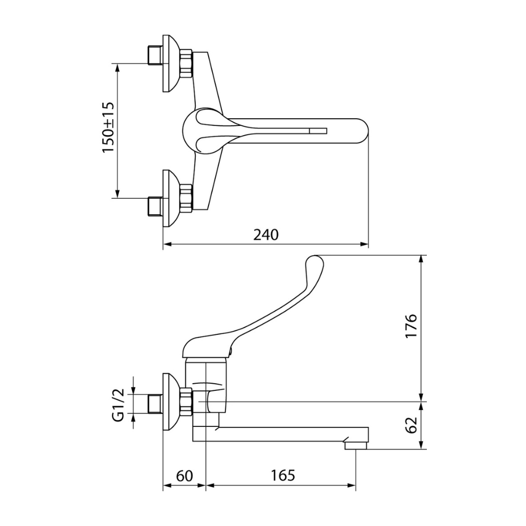 Technical dimensions for Valvex elbow-operated wall-mounted tap with short spout, Sardar & Co Pakistan
