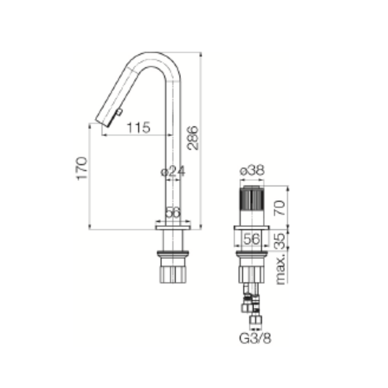Technical dimensions for Valvex ENKO 2-hole basin mixer — lever spacing, spout height, hole centres, Sardar & Co Pakistan