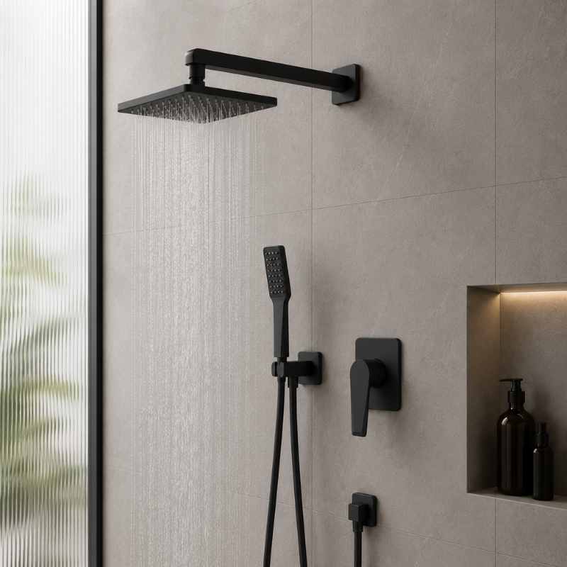 Black shower set mounted on a tiled wall with a blurred green plant in the background