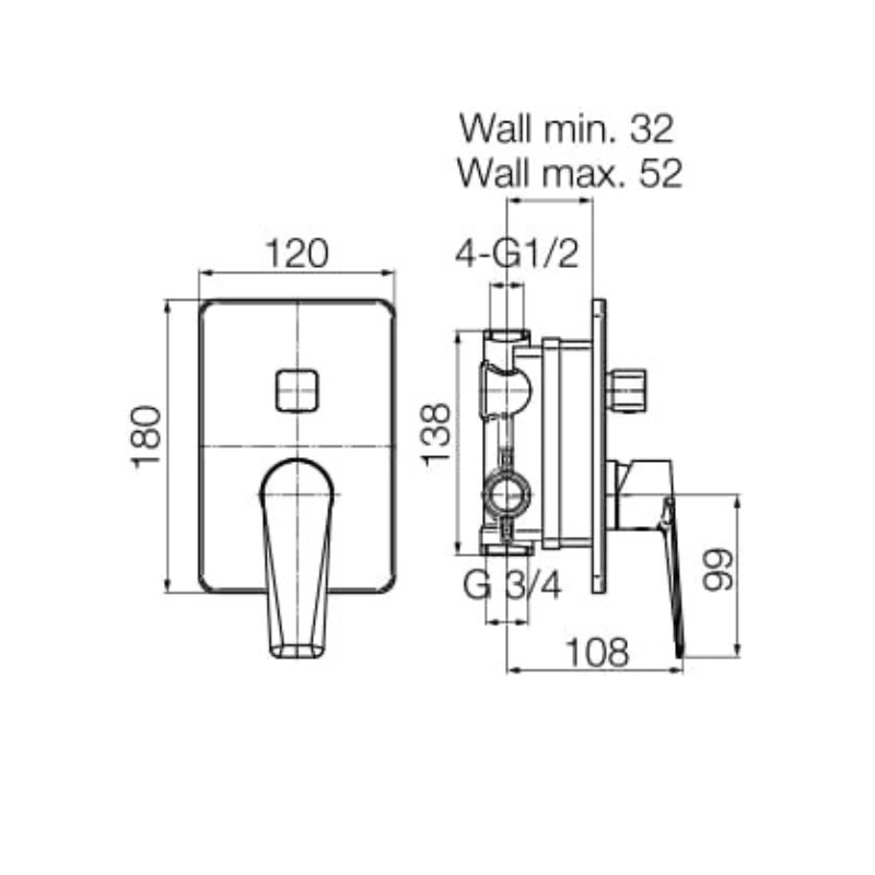 Technical drawing of a shower valve with dimensions on a white background