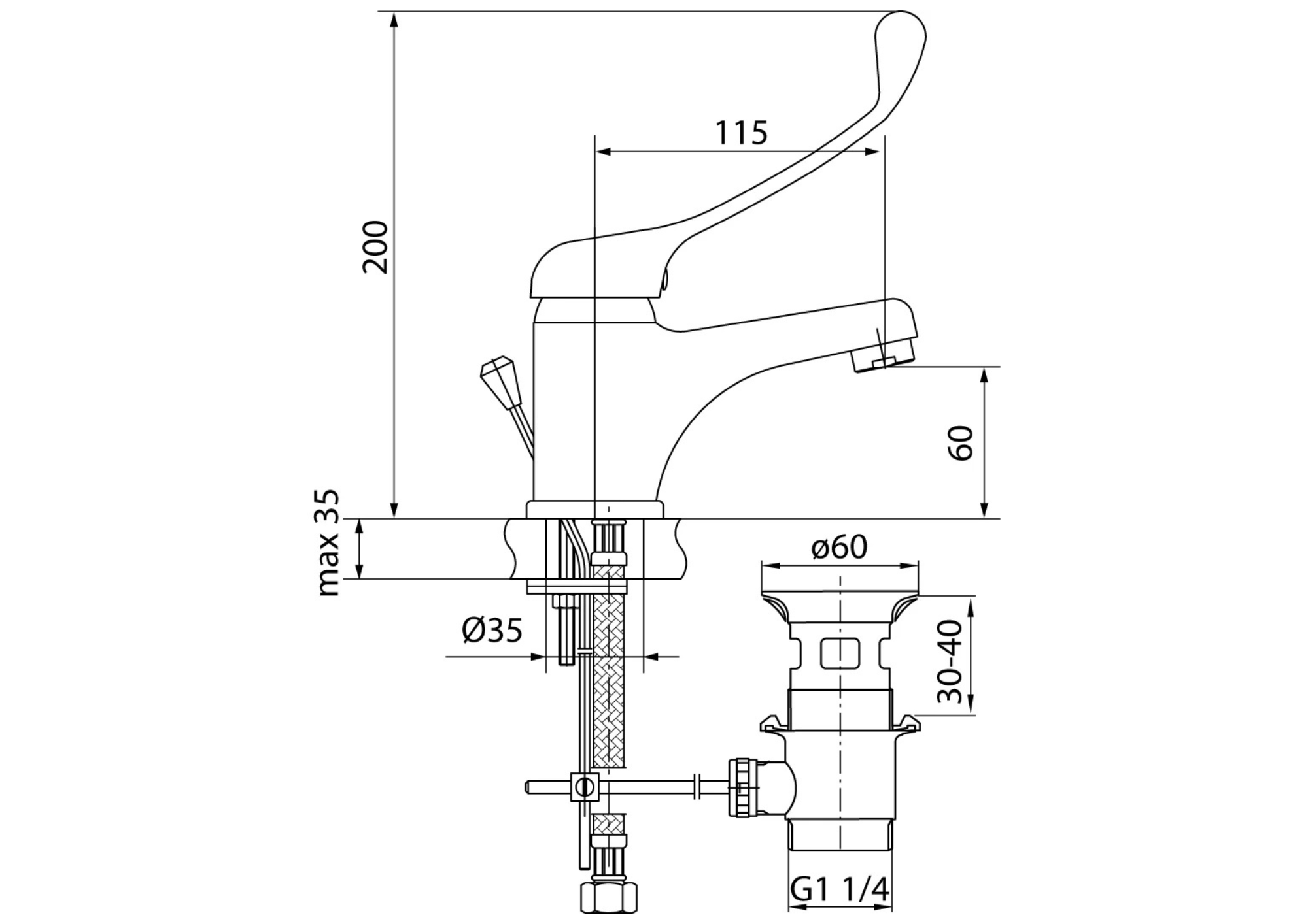 Technical drawing of a faucet with dimensions labeled